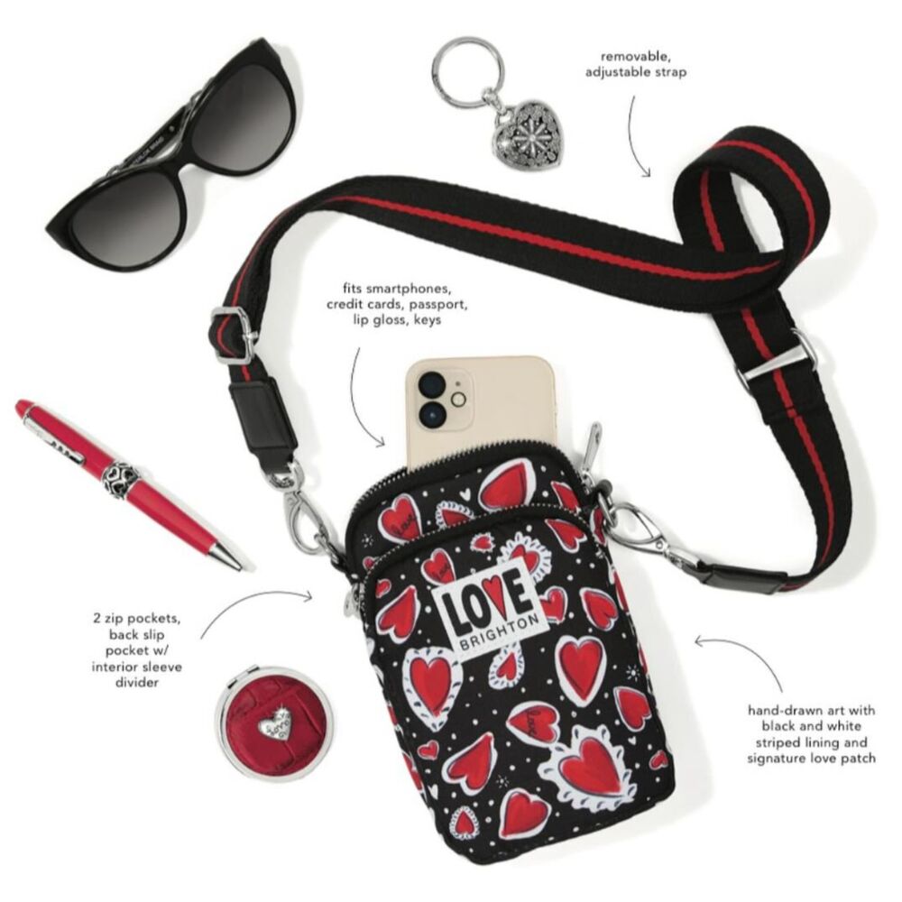 ~ NEW Brighton Hearts a Flutter Crossbody Bag Utility Black Red Love Silver Hrdw - Picture 2 of 13